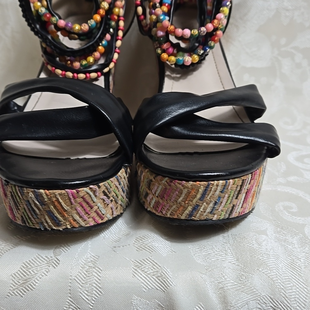 Dream Pairs Colorful Beaded Ankle Black Wedge Sandals - Picture 7 of 9